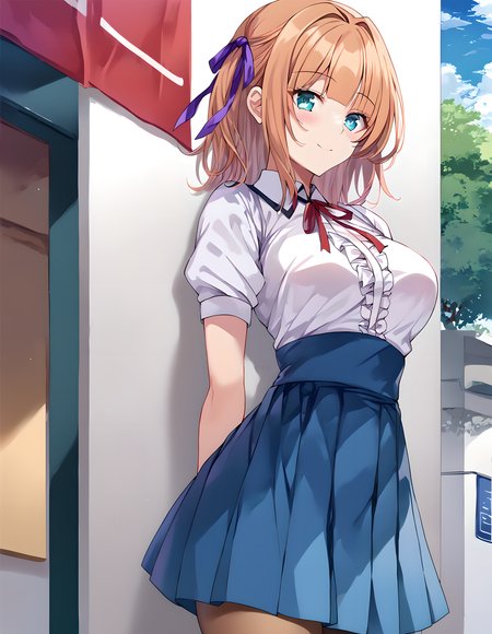 <lora:pony_xl_miyabi:0.9>,miyabi,score_9,score_8_up,score_7_up,source_anime,1girl,solo,purple ribbon,hair ribbon,blouse,white shirt,puffy short sleeves,red ribbon,shirt tucked in,center frills,blue skirt,pleated skirt,high-waist skirt,brown pantyhose,day,looking at viewer,smile,kind_smile,light_blush,standing,arms_behind_back,cowboy_shot,