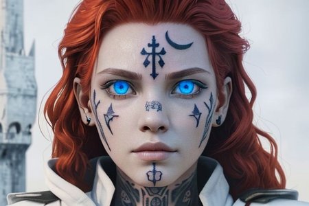 bright red hair, human female, (feminine:1.7), (beautiful face, detailed face:1.6), (beautiful eyes, detailed eyes:1.7), (looking at viewer, eye contact, intense:1.6), (long hair, red hair, curly hair:1.3), , ((masterpiece, best quality, high resolution, realistic, best quality,)), photo realistic, Perfect Face, (detailed face). <lora:GoodHands-vanilla:0.6> <lora:add-detail-xl:0.8>, mage, (Dress White military uniform coat), dagger, rune dagger, glowing runes, , (((glowing magic symbols tattoos, religious tattoos))), ((face tattoos)), glowing tattoos, stone tower in the background