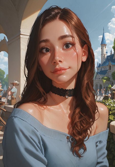 score_9, score_8_up, score_7_up, score_6_up, score_9, score_8_up, read description, Expressiveh ,g0thicPXL, glowing,

medieval castle in background, day time, detailed  backgrounds,market ,stone castle,blue sky,((clear sky:1.2)),towns,big clouds,

(19 year old girl) , from front,masterpiece,best quality,amazing quality, detailed eyes, upper body, portrait, looking at viewer,1girl, petite body, grossy skin,cutest pose ,joyful,sexy pose,smiling 

nana ,long hair, 1girl,black eyes,duck face,sexy lip,wide hips , choker, blushing,easynegative,jeans pants,blue shirt,

studio facial lighting:1.2,professional lighting, high quality,concept art,warm tone,((volumetric lighting)), professional lighting, perfect quality, high quality, Cuti3C0mics