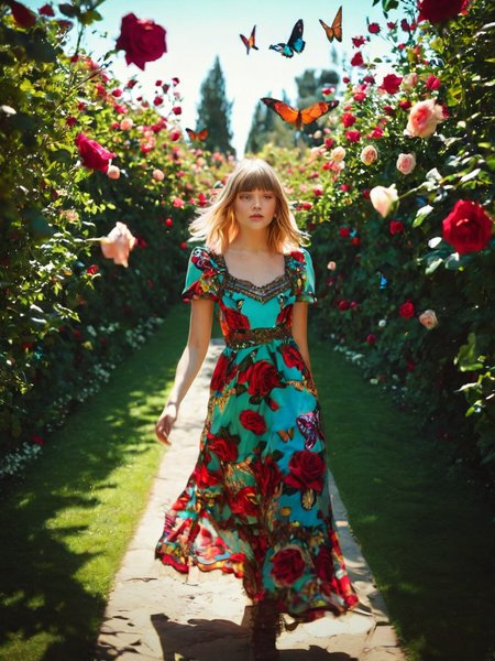 Cinematic fashion photograph  Adeera_Addams_P_MXAI_SDXL , serene expression, wearing an elegant colorful summerdress, walking through an ornate rose garden, noon, summer, colorful butterflies, ((cowboy shot)), PA7_Portrait-HL_v2