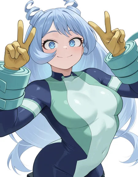<lora:Hado Nejire Illu:1>1girl, solo, 
nejir3, blue eyes, blue hair, long hair, hair down back, twin drills, hair horns,
nejir3her0, blue bodysuit, green bodysuit, multicolored bodysuit, thigh straps, yellow gloves, blue arm coils, blue spiral wrist straps, 
upper body, v pose, smile, closed smile, blush, looking at viewer, 
white background,, masterpiece, best quality, amazing quality