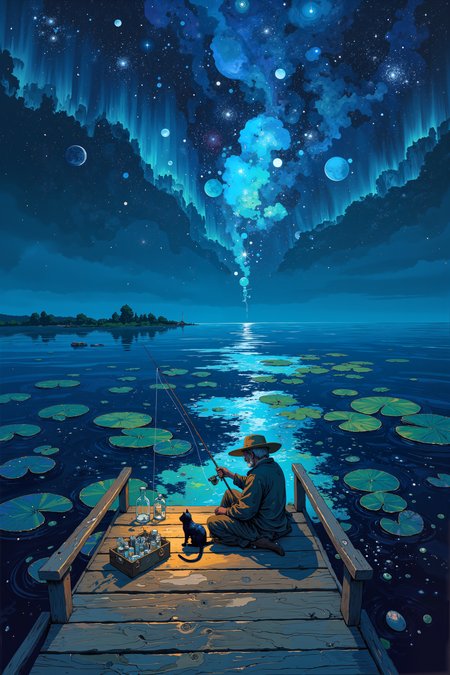 On a wooden dock that stretches into an endless expanse of shimmering, star-filled liquid, an old man in a wide-brimmed hat sits patiently, holding a fishing rod with an impossibly thin, silver thread. The âwaterâ is not water at allâit is the night sky itself, a vast pool of slowly swirling galaxies and celestial bodies that drift lazily below the wooden planks. Tiny planets bob on the surface like lily pads, their miniature atmospheres glowing softly with distant lightning storms. As the old man reels in his line, a cluster of tiny meteorites break the surface, sending ripples of constellations spiraling outward. His tackle box beside him is filled with glass vials, each containing bottled nebulae and tiny supernovas that pulse with quiet, contained explosions. A small cat made of pure shadow sits at his feet, gazing into the abyss with luminous, crescent-moon eyes. Overhead, the aurora borealis flickers like the reflection of some unseen bonfire, shifting hues in silent conversation with the lake below. The dock itself never seems to end, stretching infinitely into the horizon where the cosmos and water blur into one. , detailed background  Fantastic lighting. Detailed shadows.intricate details, vivid colors, hyper-detailed, ultra-sharp, ,  DB4RZ, DB4RZ style painting, NeoPigma, in the style of cksc, anime, cyberpunk, a masterpiece, award winning,<lora:CPA:0.5><lora:FLUX-daubrez-DB4RZ:0.3><lora:NeoPigmaV3:0.35><lora:ck-shadow-circuit-000021:0.35>