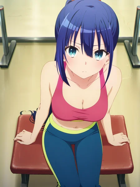 <lora:Ayano_Yugiri_Character:0.8>ayano_yugiri, 1girl, solo, blue eyes, blue hair, very long hair, ponytail, pink sports bra, blue tight pants, navel, looking at viewer, sitting, from above, full body, cropped legs, gym interior, training equipment, neutral wall, soft lighting, neutral tone