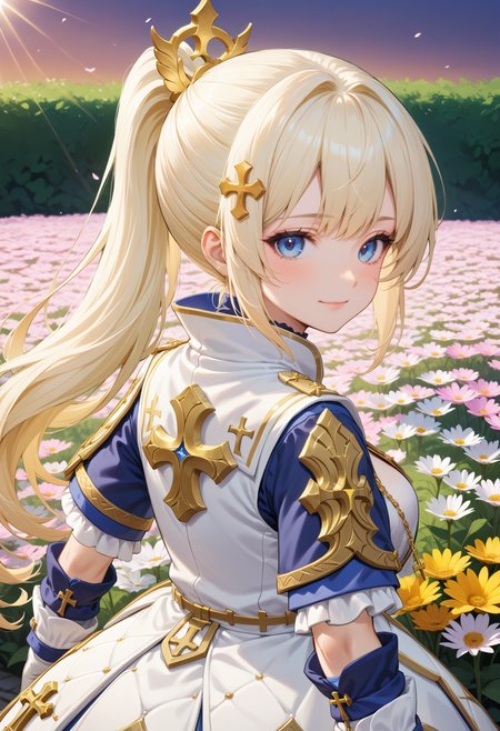 masterpiece, best quality, very aesthetic, absurdres, rom_saint_xl,
1girl, blonde hair, ponytail, hair ornament, blue eyes, light smile,
close-up, from behind, looking back, looking at viewer, blue short sleeves with gold cross, outdoors, flower field, sunrise, falling petals, light rays, tyndall effect, vivid colors, tranquil and magical atmosphere,
shiny skin, beautiful face, beautiful eyes, extreme detailed, official art, professional illustration, hires,
<lora:rom_saint_pony_xl:1>, <lora:aesthetic_anime_v1s:0.5>, <lora:add_details_xl:0.5>