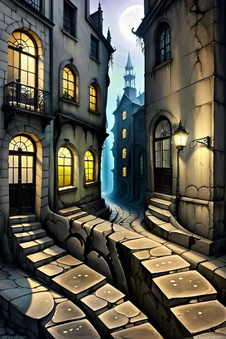 Creeping Shadows on Cobblestone Streets - A narrow, winding street paved with cracked cobblestones, flanked by distorted gothic buildings with elongated windows and twisted iron balconies. Shadows seem to stretch and crawl along the walls, and the streetlamps cast an unnatural, almost liquid light. <lora:EnvyPastelGoth02-prodigy-batch6:1> <lora:SDXLFaeTastic2400:1> <lora:Goth_SDXL_V1:1> <lora:LowBrowXL:1> <lora:GothGirlLorav0.1:1>