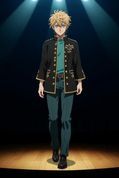 score_9, score_8_up, score_7_up, source_anime, rating_safe, intricate details, anime screencap, anime coloring, , looking at viewer, , 1boy, solo, male focus, <lora:luck_voltia_pony:0.98>, luck_voltia, blonde hair, blue eyes, short hair, hair between eyes, full body, concert, midnight, knees together feet apart, light smile, , <lora:sdxl_lightning_8step_lora:1>