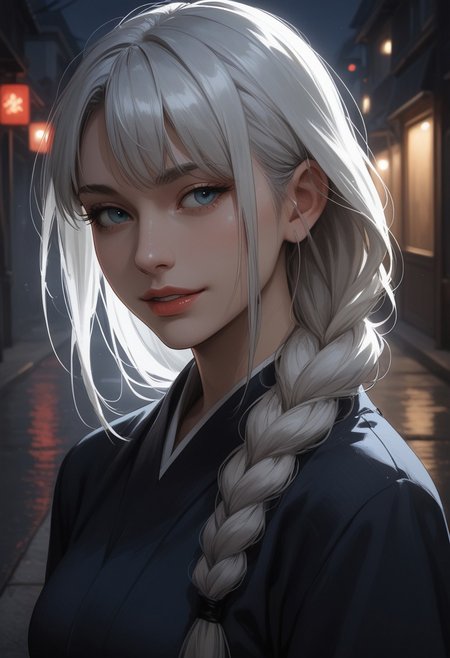 score_9, score_8_up, score_7_up, BREAK, Chiaroscuro Lighting Style, partially covered in shadow, epiCPhoto,  1girl, solo, long hair, smile, bangs, blue eyes, braid, white hair, braided ponytail, kimono, close up, waist up, posing, looking away, parted lips, steam, cold weather, foggy, night time, street, walking, dynamic angle, natural light,