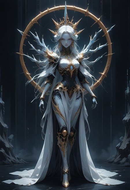(((point of view from the side))), (walking away from pov), tall stiletto heels, smart person, (white and gold porcelain royal celestial clothes), blue crystal details in armor, crystal ornate earrings, crystal jewelry, ornate gold crown, ornate gold dainty details fractal armor, flowing white fractal hair, large perfect eyes, sci-fi royal palace setting, beautiful face, rosey cheeks, full body portrait, angry expression, crystal iris, eyes made of crystal, ((porcelain skin)), glowing blue eyes, celestial eyes, regal being, interweaving techno-anatomical and fractal elements, Ellen Jewett's intricate sculptural craftsmanship, dynamic lighting highlighting multifaceted textures, cinematic post-processing for an exquisite visual narrative, breathtaking surreal masterpiece,
