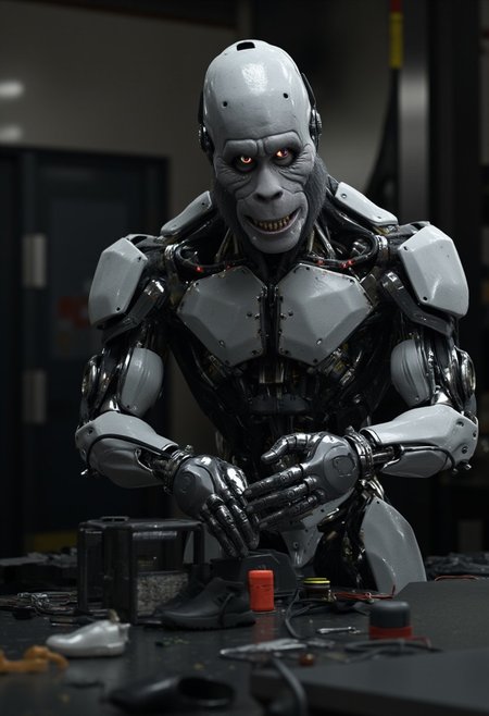 w1z_m4ch1n4, automated HarryBigfoot machine with matte aluminum finish. An automaton operating at the shoe factory production floor. Dark and gritty atmosphere
