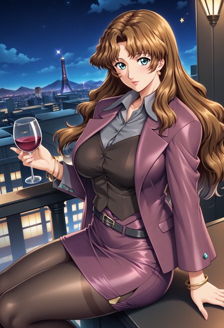 score_9, score_8_up, score_7_up, BREAK view from above,,zeshiko,1girl,blue eyes,brown hair,long hair,wavy hair,large breasts,glass of wine,sky (stars),mature female,purple jacket,grey shirt,black vest,belt,purple skirt,pantyhose,bracelet,leaning on the railing,rooftop,lights, tokyo,big tower,<lora:Makotozen:1>, (<lora:StS_PonyXL_Detail_Slider_v1.4_iteration_3:1>:0.6)