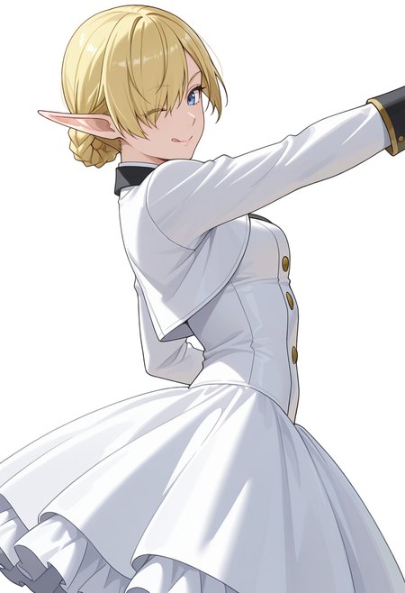 Smooth Quality,masterpiece,very intricate, high quality details, ultra realistic, high detailed skin,detailed enviorement,absurdres, 
simple background, white background, 
from side,dancing,
;q,solo, 
 <lora:Kagali_cnn:0.8> 1girl, short hair, blonde hair, blue eyes, pointy ears, braid, hair over one eye, elf,double-breasted jacket,  ,shrug,  ,balloon skirt,  ,