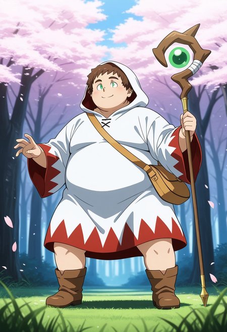 male, male focus, 1boy, solo, 
BREAK chubby, masculine, large pectorals, moobs, broad shoulders, showing off chubby body, cherubic, bara, 
BREAK fat, plump, fat face, round face, smiling and showing off chubby body,
BREAK brown hair, green eyes,
BREAK v-neck white mage robe with hood down,  
BREAK brown boots, brown shoulder bag, holding a staff, 
BREAK golden magic, magic swirling around feet, wind_lift, 
BREAK standing, dynamic pose, casting magic stance, Expressive, cherry blossoms falling around character, forest background, standing on grass, 
BREAK cinematic shot, masterpiece hi res, best quality, very detailed, highly detailed texture, score_9, score_8_up, score_7_up, score_6_up, anime coloring, detailed anime shading, eyeshd, anime eyes, anime hair,