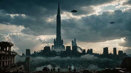 cinematic film still of  <lora:add-detail-xl:1>0
<lora:detailed:0.3>
<lora:perfection style:0.3>
<lora:xl_more_art-full_v1:0.3>
 <lora:halo style:0.9>
a city with a tower in the middle of it,outdoors,sky,cloud,signature,no humans,cloudy sky,scenery,silhouette,ruins , cinematic, filmic, dramatic light, sci fi, action themed, futuristic, halo style, shallow depth of field, vignette, highly detailed, high budget, bokeh, cinemascope, moody, epic, gorgeous, film grain, grainy
