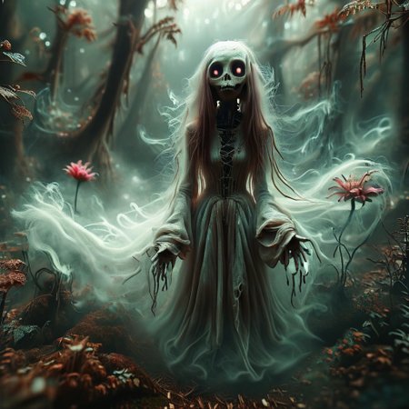 Detailed portrait of a ghostly female alien with slim body, big smile and long hair looking at viewer , alien forest background, forest swamp, with giant alien flowers, epic horror dream, fiery sky with multiple moons, detailed hyperrealism, 35mm photography, GhostlyStyle, flux-style, dynamic angle, vivid bright colours, alienailf, alienworld