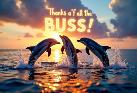 Dolphin's leaping out of the ocean and flying up into the sky, water glistening off the dolphin's, wet, sunset, 
((sparkly letters in the sky over the dolphin's that spell out "Thanks for all the ((Buzz))!":1.5)), 
high resolution, detailed, 4k, realism, rule of thirds, golden ratio, depth of field,