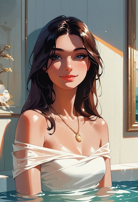score_9, score_8_up, score_7_up, score_6_up, source_cartoon, 1girl, female, solo, femenine, petite, lean, pale skin,, soaking wet hair, smile, diaphonous white dress, bronze necklace, medium breasts, female focus, official style, close up, perfect anatomy, perfect face, standing,  abstract beauty, beautiful, centered, looking at the camera, approaching perfection, dynamic, moonlight, highly detailed, watercolor painting, artstation, concept art, smooth, sharp focus, illustration, portrait