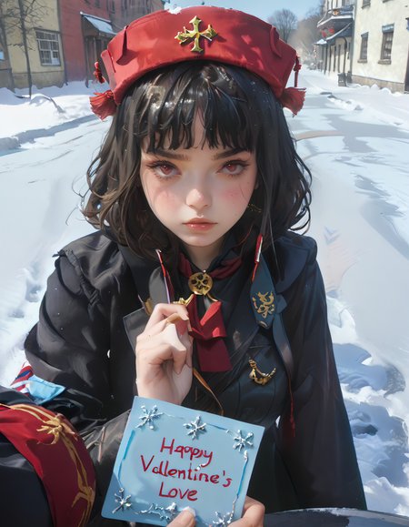 score_9_up, score_9, score_8_up, score_7_up, rating_explicit, 1girl, beautiful, cute, kawaii, young woman, 
cozy winter ensemble with modern flair, she holding Love message give it to the viewer, little delicate snowflakes above the head, blushing, (shy:0.9), (confounded:0.6),  
male pov, detailed background, source_anime, anime, 
frosted alley between snow-dusted buildings, icy pathway, near a warmly lit winter cafe, 
Valentine's atmosphere, twinkling snowflakes, male pov, she leaning forward to pov, 
crisp snowy boulevard, standing, sfw,, Sekai Seifuku, Long black hair, Red eyes, Hime cut, Pale skin, Red military uniform, Black thigh-high socks, Black boots, Gold emblem on hat, Dominatrix-style outfit, Crown, See Description "Triggers and CLothes Prompts"
