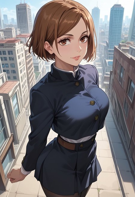 anime artwork, score_9, score_8_up, score_7_up, score_6_up, score_5_up, solo, perfect eyes, detailed eyes, beautiful female, detailed face, dynamics lines, 20 year old, perfect beautiful face, long eyelashes, sharp eyes pupils, city, (above view), side view,  smile, medium breasts, wide hips, hips,,1 girl, nobara, brown hair, short hair, brown eyes, school uniform, black jacket, brown belt, black skirt, black pantyhose, brown loafers,
