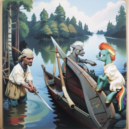 score_9, score_8_up, score_7_up, score_6_up, score_5_up, score_4_up, source_pony, BREAK a painting of a pony in a lake, rainbow dahs, water, watercraft, boat, multiple boys, weapon, spear, sword,  trees, agk_akseligallen-kallela_-_kalevala, traditional media