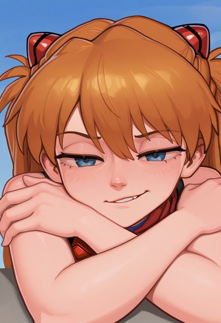 r1f13style,  masterpiece, best quality, solo,                                                                                   asuka langley, ginger hair,   smug expression, face shot, blue sky, arms crossed,