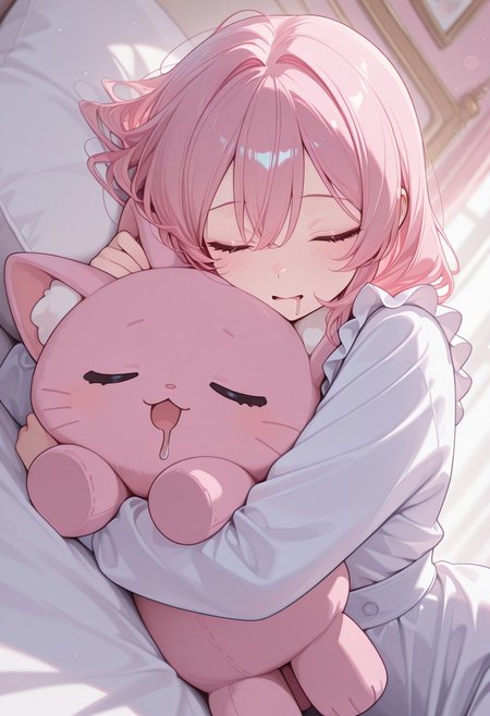 masterpiece, best quality, very aesthetic, absurdres, newest, detailed skin,
1girl, solo,
28 years old,
CivChan, purple eyes, pink hair,
pastel colors,
lying on her bed, hugging a pink cat plushie,
animal plushies on bed,
closed eyes, drooling on her pillow,
detailed background, bedroom, on bed,