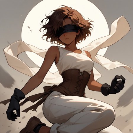 Score_9, Score_8_up, Score_7_up, (masterpiece), best quality, blindfolded, perfect face, perfect anatomy, anime girl, slim, medium breasts, hourglass shape, brown hair, short hair, dark skin and freckles, beautiful and trained bodysuit, white sleeveless shirt, brown corset that highlights her breasts and small waist, loose pants with openings on the sides, without shoes and with long black gloves that reach to her elbows, hippie aura
fighting perspective, with a sword in his hand, about to fight, hell  
<lora:Concept_Masked_Lady:0.7>,