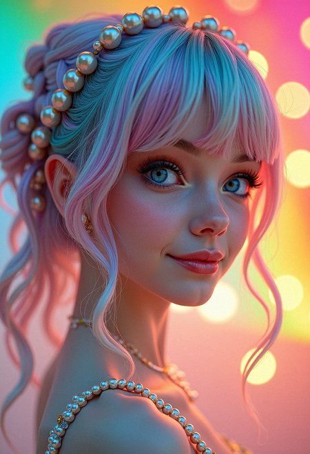  highly detailed photorealistic photography, complex composition, a cute woman with pastel rainbow hair,  blue eyes, intricate hairstyle with pearls, pastel dress, glowing rainbow background, exaggerated background details, vibrant colors, intricate textures, dynamic lighting, whimsical and magical atmosphere, very detailed and complex skin texture, best quality skin texture, looking to the side, smile, closed mouth, 