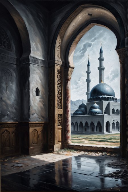 Satisfying, Grayscale, dynamic composition, Techwear, Horror, behance, Oversaturated, (Rural area:1.2) from inside of a Mosque, it is Ghastly and Layered, Suffering, complementary colors, Encaustic Paint, Dragonpunk, Lustful, Light and shadow plays, multidimensional, Colorful, biomorphic forms, stylized, Starlight, <lora:Pavel_Sokov:0.8> painting, pavel, sokov
