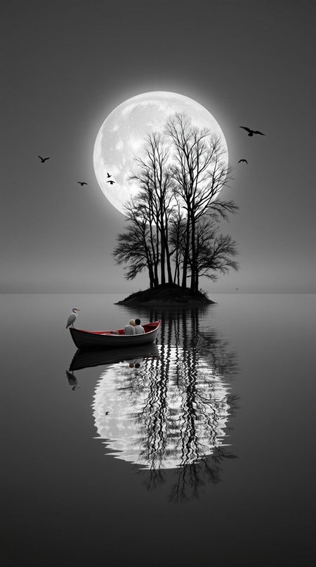 This surreal artwork captures a tranquil, dreamlike scene on a perfectly still body of water, where reality and reflection blend seamlessly. At the center, a small wooden boat with a red interior floats gently, carrying a lovely couple sitting closely together, lost in the beauty of the moment. A white heron perches on the boat’s edge, its elegant form mirrored in the water. In the background, a tiny island with tall, leafless trees stands against the vast sky, its silhouette blending into the massive, glowing moon that rises behind it. The trees appear to stretch into the moon, as if touching the heavens, while a group of three birds soars gracefully nearby, their movement adding life to the scene.
The water’s glassy surface reflects every element flawlessly, creating a perfect mirror image of the moon, trees, boat, and birds. The couple, bathed in the soft lunar glow, holds hands as they embrace the serenity of the night. Their presence adds warmth and intimacy to the otherwise ethereal scene, making it feel like a quiet, timeless moment of love and connection. The monochrome tones of gray, blue, and black add to the peaceful yet mystical atmosphere, making this image a poetic blend of nature, love, and the infinite beauty of the night.