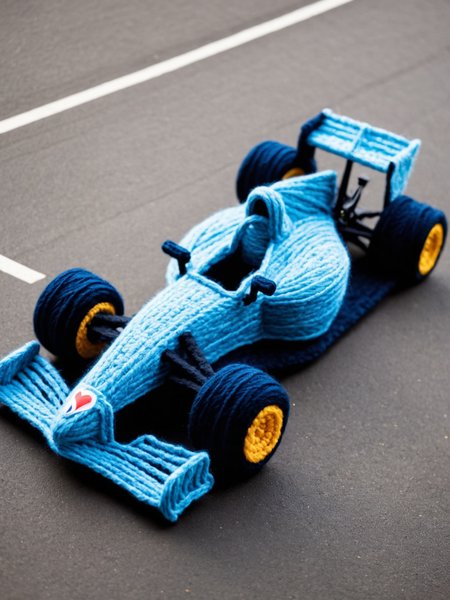 an F1 race car made entirely from yarn, racing on a tarmac race track <lora:Yarn_XL:0.25>