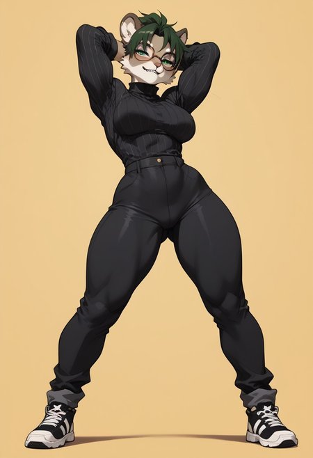 score_9, score_8_up, score_7_up, score_6_up, masterpiece, best quality, unique angle, 1girl, source_furry, anthro, (furry:1.5), (((lioness female))), stretching, presenting ass, wearing ((black Turtleneck)) and Wide Leg Trousers, glasses, ((biting own lip)), half-closed eyes, (golden jewelry), spiky hair, clear green eyes, (seducing viewer), curvy, athletic, looking at viewer, female focus, posing, erotic pose, suggestive pose, open mouth, (bulging muscles), (bulging breasts), ((wide hips)), (thick thighs), long lrgs, voluptuous, (perfect ass), showcasing depth and dimension, (full body), abstract yellow background, b3b0p, flat color, dark theme, 2D,