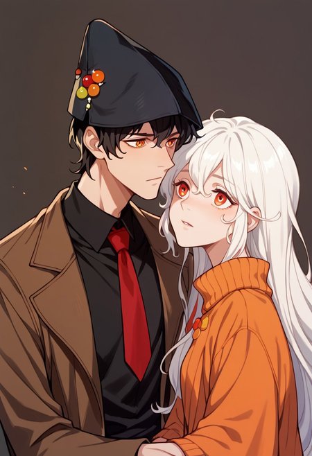score_9, score_8_up, score_7_up, score_6_up, score_5_up, couple, man with brown suit, red tie, black shirt, black hat with ornaments, bangs, black hair, orange eyes, she with brown sweatshirt, black shirt, long white hair, red eyes