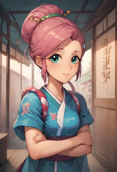 SFW, rating_all, score_10, score_8_up, score_7_up, Equestria girls, (((human))), 1female, (((solo))), (((headshot))), (((Fluttershy) cosplaying) as Ayame), short hair, bangs, (pink hair), hair ornament, short sleeves, sidelocks, japanese clothes, kimono, hair bun, (aqua eyes), single hair bun, hair stick, short kimono, sly expression, proud smile, ((lifting arm)), ((holding aqua-colored gem the size of a hand)), detailed, vector, flat colors