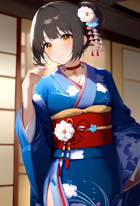 1girl,
takafuji kako,


japanese clothes, obi, choker, hair bun, hair flower, long sleeves, hair ornament, virtual youtuber, hand up, closed mouth, cowboy shot, floral print, ribbon, alternate hairstyle, red ribbon, medium breasts, white flower, solo, flower, blue kimono, print kimono, short hair, black hair, alternate costume, kimono, breasts, sash, red choker, yellow eyes, smile, wide sleeves, single hair bun, blush,

sfw
<lora:a31_char_new_takafuji_kako:1> <lora:a31_style_koni-000010:0.8>