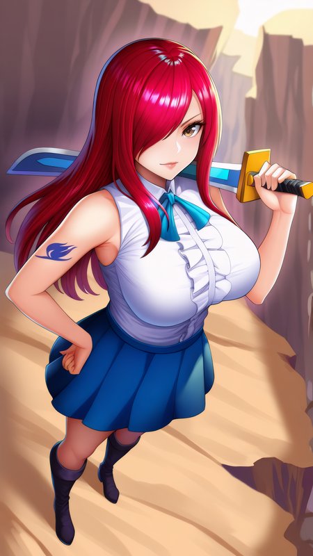 masterpiece, best quality, very aesthetic, absurdres, BREAK, 1girl, looking at viewer, wide angle,
<lora:ErzaDef_Illu_Dwnsty:0.8>, brown eyes, red hair, long hair, hair over one eye, white shirt, sleeveless shirt, center frills, arm tattoo, blue skirt, pleated skirt, black footwear, knee boots, 
large breasts, lips, light smile, serious, holding weapon, sword, sword over shoulder, arm up, hand on own hip,
cliff, sunlight,