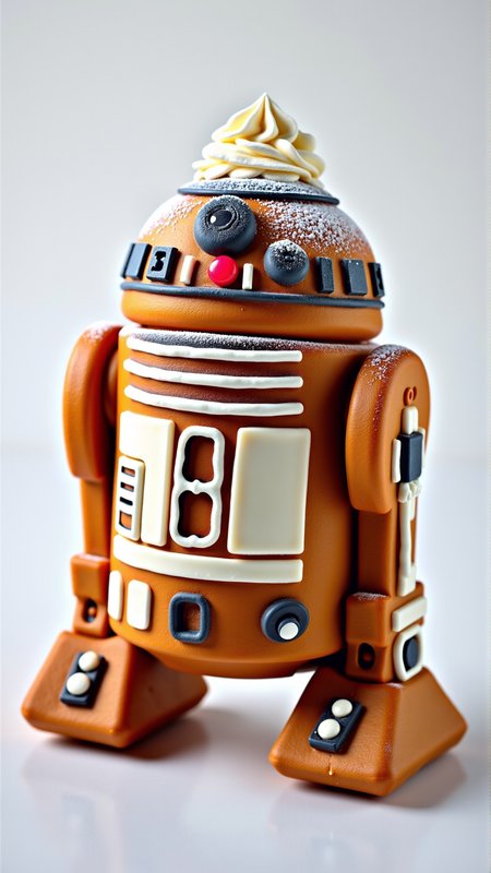 A photo of a SemlaStyle R2D2 made entirely out of semla which made out of wheat material with whipped cream and with powdered sugar on top. Food craft.<lora:SemlaStyleFlux:1>