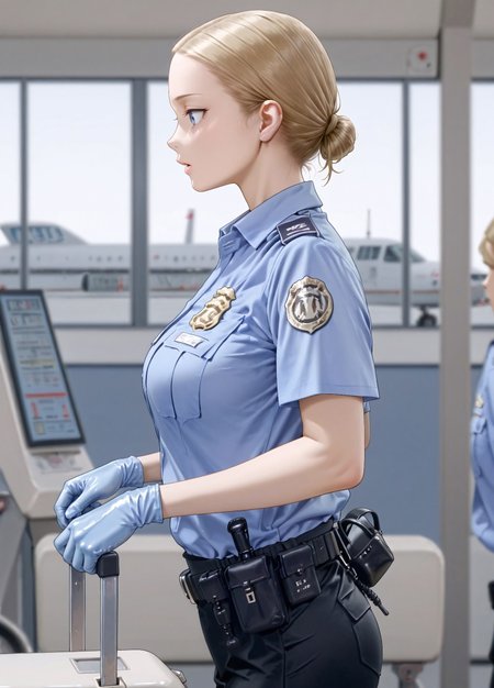 masterpiece, best quality, amazing quality, absurdres, 

0c_tsa,1girl, solo, blonde hair, single hair bun, low hair bun, blue eyes, parted lips, medium breasts,

 police uniform, policewoman, blue shirt, collared shirt, epaulette, badge, name tag, blue gloves, rubber gloves, black pants, belt, pouch,

 , checking, open luggage, airport, security check, blurry background, from side, profile, 