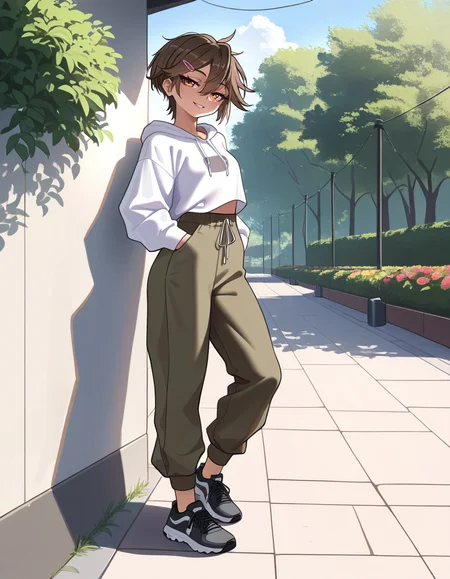 masterpiece, best quality, very aesthetic, absurdres,
outdoors, casual, 
full body, standing, posing, 
 seductive smile, parted lips, long eyelashes,
<lora:Sasha_v01_NAIXL:1>
S4sh4,1girl,solo,tomboy,short hair,brown hair,hairclip,hair between eyes,brown hair,bangs,