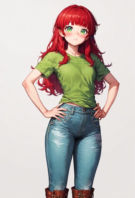 rinotuna, score_9, score_8_up, score_7_up, score_6_up, score_5_up, rating_questionable, source cartoon 1girl, pretty face, pretty eyes, detailed eyes, HD eyes, thick thighs hands on hips, standing, cowboy shot looking at viewer, blush, eyebrows, long hair, red hair, green eyes jeans, green t-shirt, boots, high waisted jeans simple background, white background