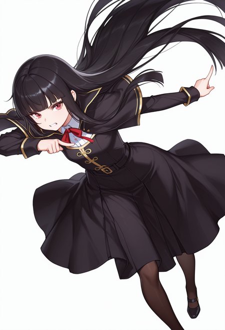 Smooth Quality,masterpiece,very intricate, high quality details, ultra realistic, high detailed skin,detailed enviorement,absurdres,
pointing at another,
 <lora:Atre_CNR:0.8> atre_cnr, 1girl, black hair, very long hair,blunt bangs, red eyes,black dress,black capelet, pantyhose, long sleeves, ribbon, shoes,, simple background, white background, dynamic angle,solo,, clenched teeth,