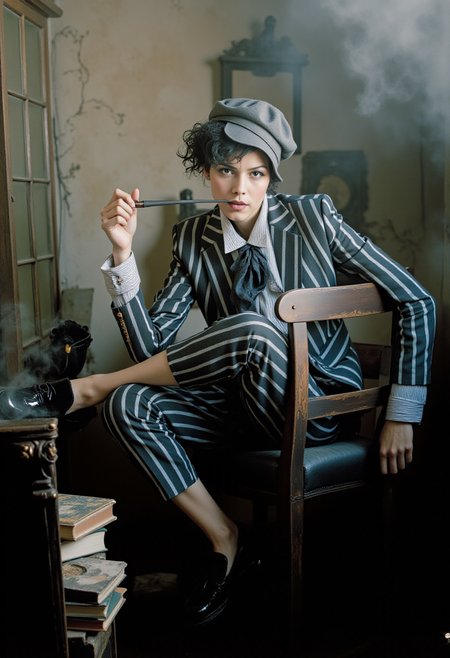 A decadent artistic movement-inspired portrait of a striking androgynous womans figure lounging in a weathered, smoke-filled atelier, embodying a mix of depraved and refined elegance. The woman wears a sharply tailored, striped suit with an exaggerated bow tie, their posture unhinged yet deliberate, exuding confidence and excess. In her hands she holds a long and elegant smoking pipe, and trickles of smoke lazily waft in the dim light, adding to the atmosphere of debauchery. The background reveals cracked plaster walls, a stack of worn, leather-bound books, and faintly visible antique furniture, enhancing the sense of artistic decay. The muted color palette of greys and sepias is accented by the shimmer of polished leather shoes and subtle metallic details, emphasizing the atmosphere of opulent decline. <lora:FLUX.1-DEV_-_Decadence_style_LoRA:1>, hyp3rd3tail style <lora:hyper-detail-illustration:0.5>
