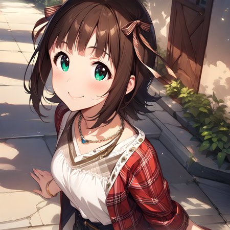 (masterpiece),(best quality),(ultra-detailed),(best illustration),(best shadow),(absurdres),(detailed background),(very aesthetic), haruka_amami, 1girl, solo, jewelry, brown hair, bracelet, smile, short hair, necklace, hair ribbon, ribbon, green eyes, plaid, shirt <lora:XL-HarukaAmami:1>