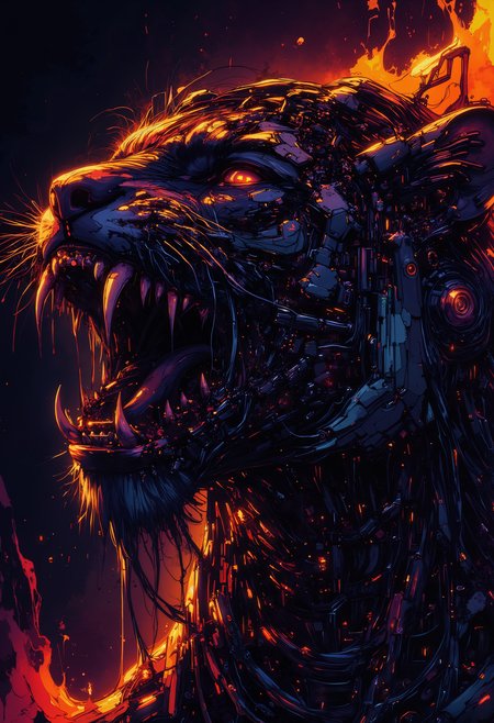 A fantastic bo-chromatic cyborg art splash in the style bo-cyborgsplash of, a highly detailed digital illustration depicting a fierce black tiger roaring, the tiger's fur is rendered in a realistic, hyper-realistic style, with a glossy texture that reflects light, giving it a lifelike appearance, its eyes are a striking, glowing orange, and its mouth is open wide, revealing sharp, jagged teeth and a fiery tongue, the background is a dark, smoky gradient with scattered, glowing red and orange lava particles, creating a sense of intense heat and danger, the texture of the fur is meticulously detailed, with visible veins and ridges, adding to the realism, the overall color palette is dominated by black, red, and orange hues, enhancing the fiery and intense nature of the scene, the illustration is highly polished, with meticulous attention to detail in the textures and lighting, making it appear almost three-dimensional, colorful art cyberpunk splash, high quality, ultra detailed.<lora:boFLUX Chromatic Abyss.safetensors:1.0:1.0> <lora:boFLUX Cyborgsplash.safetensors:1.0:1.0>
