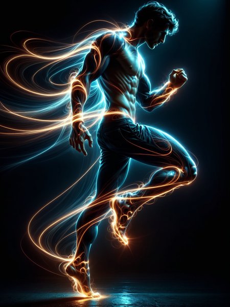 man, <lora:Neon_Cyberpunk_SDXL:1>  lightstreaks, Contrapposto pose, dark background, (masterpiece:1.2), best quality