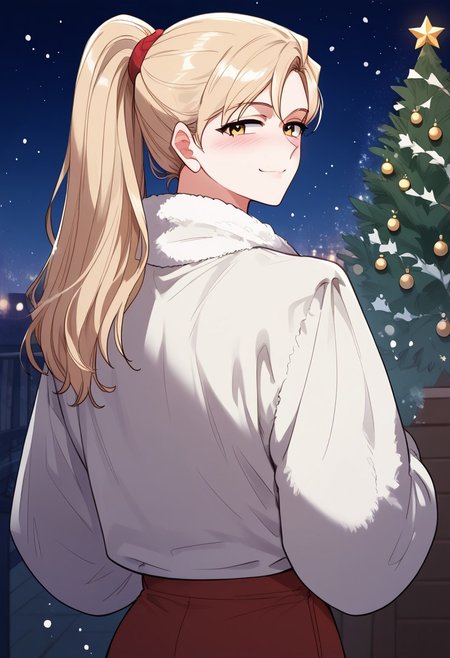 zPDXL3, score_9_up, score_8_up, score_7_up, (Anime_source), 1girl, LeeHaemi, amber eyes, light blonde hair, long hair, ponytail, brown winter clothes, looking back, looking at viewer, dutch angle, smile, blush, closed mouth, half closed eyes, winter atmosphere, particles, Christmas tree, night, snowfall