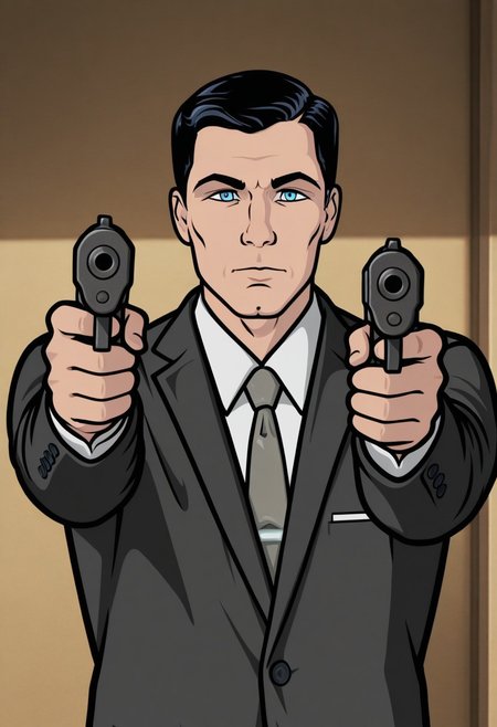 masterpiece,best quality,amazing quality, 
sterlingarche, 1boy, male focus, solo, blue eyes, black hair, shirt, white shirt, collared shirt, necktie, grey necktie, jacket, black jacket, holding gun, aiming, looking at viewer,