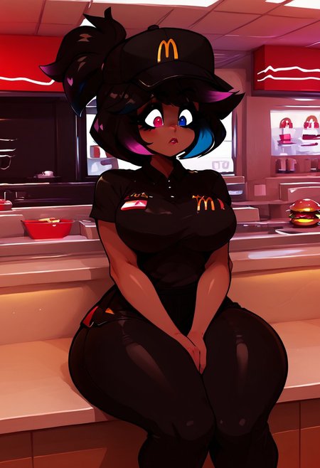 Score_9, score_8_up, score_7_up, jugg3rtuul, 1girl, solo, CHOCO CHIKU, HETEROCHROMIA, MULTICOLORED HAIR, dark skinned female, hair tie, employee uniform, mcdonald's, black shirt, black pants, hat, sitting on countertop, thick thighs, large breasts, tilted head, confused, lipgloss,