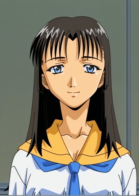 1990s (style),smile,<lora:Rumi_Kitazawa_Illustrious_from_Immoral_Sisters:1>,rumi,anime coloring,anime screencap,school uniform,bust,