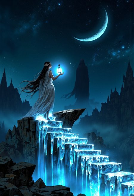 A floating staircase of translucent crystal winds upward through a vast, star-filled void. On one of the steps, a barefoot woman in a flowing silver gown pauses, gazing upward at a glowing crescent moon suspended in the distance. Her hair is adorned with tiny, twinkling lights, resembling a crown of stars. Her hands hold a lantern that emits a soft, bluish glow, casting faint shadows on the crystal steps. The faint outline of an enormous, shadowy figure looms far behind her, its form just barely discernible against the backdrop of infinite stars.