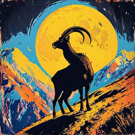 impactful color paint of, 1 walia ibex standing on top of a cliff under 1 white moon, black silhouette against white moon, black cliff, black  sky,